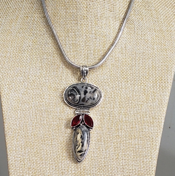 Garnet necklace, jasper necklace, 925 silver jasper garnet pendant necklace - Picture 2 of 13